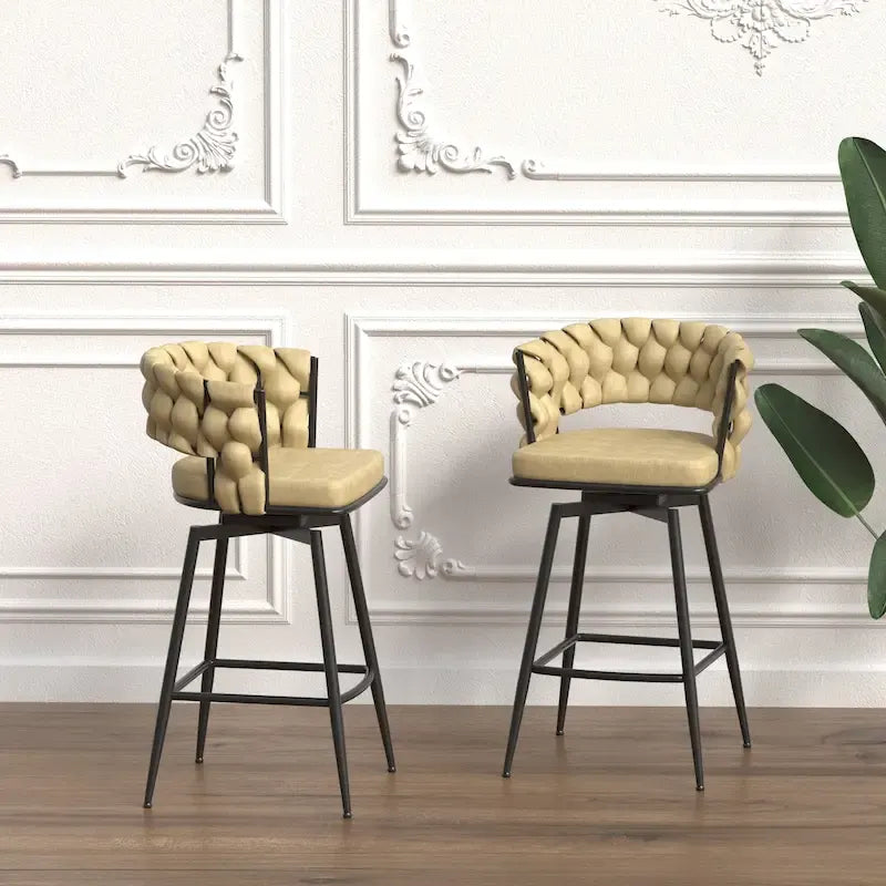 Counter Height Bar Stools Set of 2, Swivel Bar Stools with Woven Back, Kitchen Island Chairs with Footrest and Metal Frame