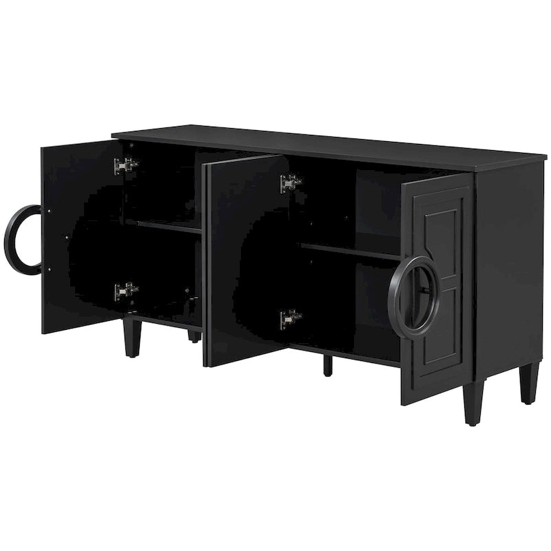 Sideboard Cabinet with Round Ring Handle, Wood Storage Cabinet with Adjustable Shelf, Console Table with 4 Doors