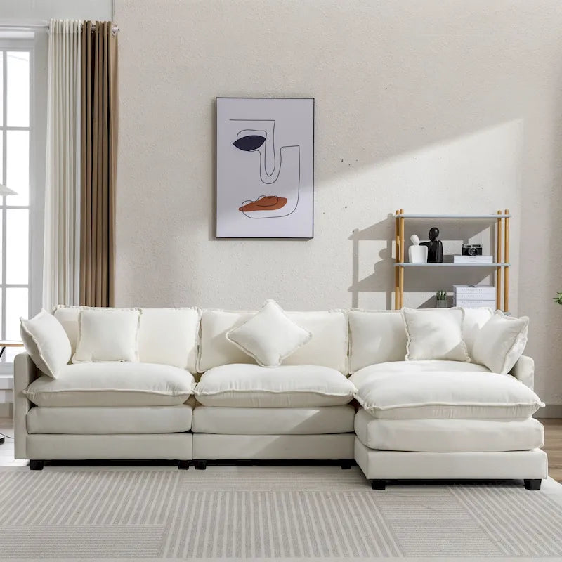 Roomfitters L-Shaped Chenille Upholstered Sofa with Ottoman and 5 Pillows, Modern Luxury Couch for Living Room