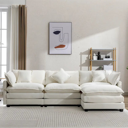 Roomfitters L-Shaped Chenille Upholstered Sofa with Ottoman and 5 Pillows, Modern Luxury Couch for Living Room