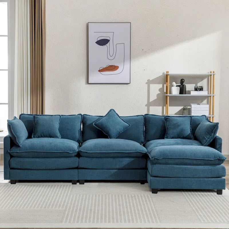 Roomfitters L-Shaped Chenille Upholstered Sofa with Ottoman and 5 Pillows, Modern Luxury Couch for Living Room