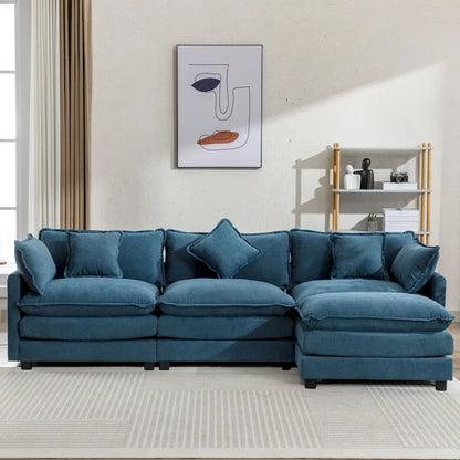 Roomfitters L-Shaped Chenille Upholstered Sofa with Ottoman and 5 Pillows, Modern Luxury Couch for Living Room