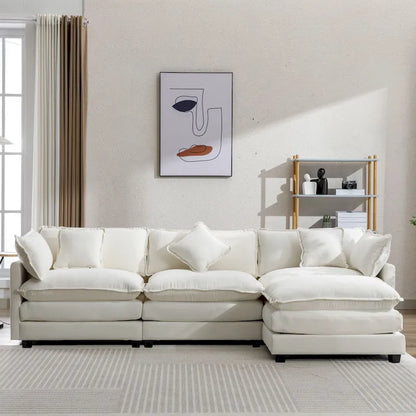 Roomfitters L-Shaped Chenille Upholstered Sofa with Ottoman and 5 Pillows, Modern Luxury Couch for Living Room