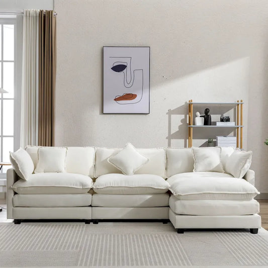 Roomfitters L-Shaped Chenille Upholstered Sofa with Ottoman and 5 Pillows, Modern Luxury Couch for Living Room