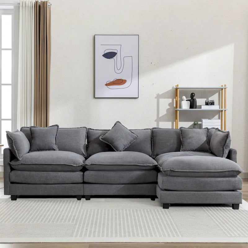 Roomfitters L-Shaped Chenille Upholstered Sofa with Ottoman and 5 Pillows, Modern Luxury Couch for Living Room