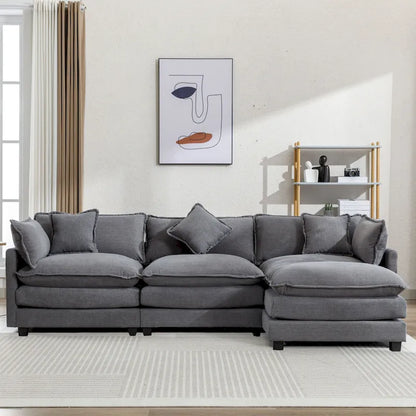 Roomfitters L-Shaped Chenille Upholstered Sofa with Ottoman and 5 Pillows, Modern Luxury Couch for Living Room