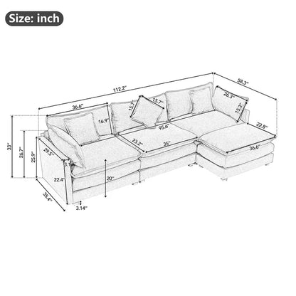 Roomfitters L-Shaped Chenille Upholstered Sofa with Ottoman and 5 Pillows, Modern Luxury Couch for Living Room