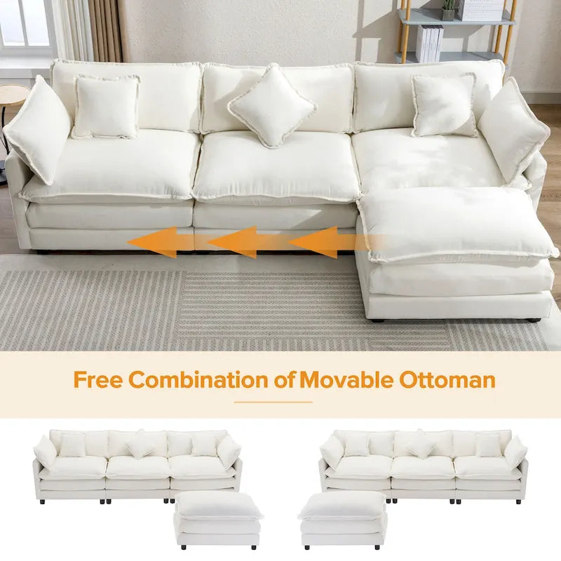 Roomfitters L-Shaped Chenille Upholstered Sofa with Ottoman and 5 Pillows, Modern Luxury Couch for Living Room