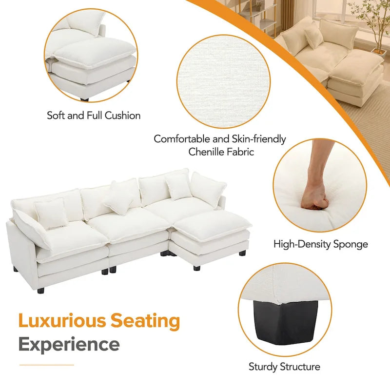 Roomfitters L-Shaped Chenille Upholstered Sofa with Ottoman and 5 Pillows, Modern Luxury Couch for Living Room