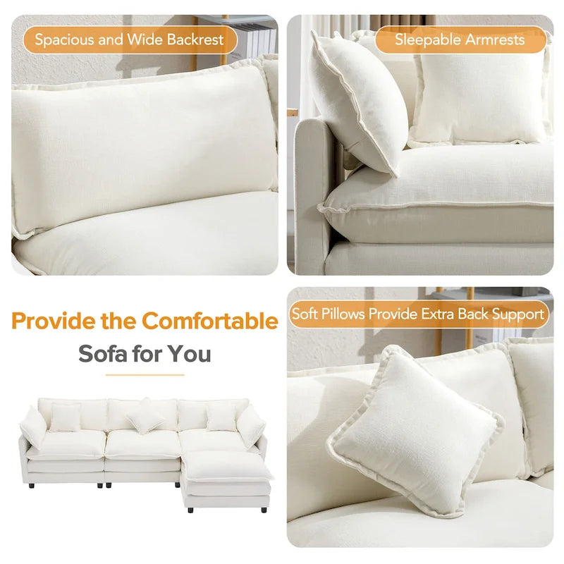 Roomfitters L-Shaped Chenille Upholstered Sofa with Ottoman and 5 Pillows, Modern Luxury Couch for Living Room