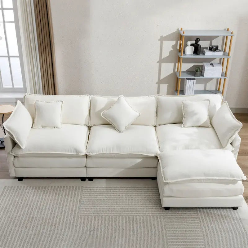 Roomfitters L-Shaped Chenille Upholstered Sofa with Ottoman and 5 Pillows, Modern Luxury Couch for Living Room