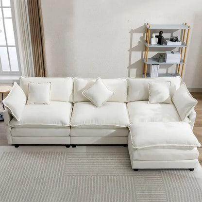 Roomfitters L-Shaped Chenille Upholstered Sofa with Ottoman and 5 Pillows, Modern Luxury Couch for Living Room