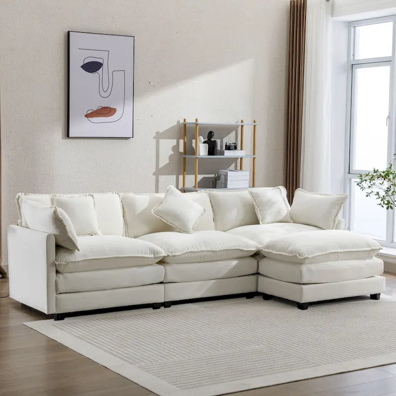 Roomfitters L-Shaped Chenille Upholstered Sofa with Ottoman and 5 Pillows, Modern Luxury Couch for Living Room