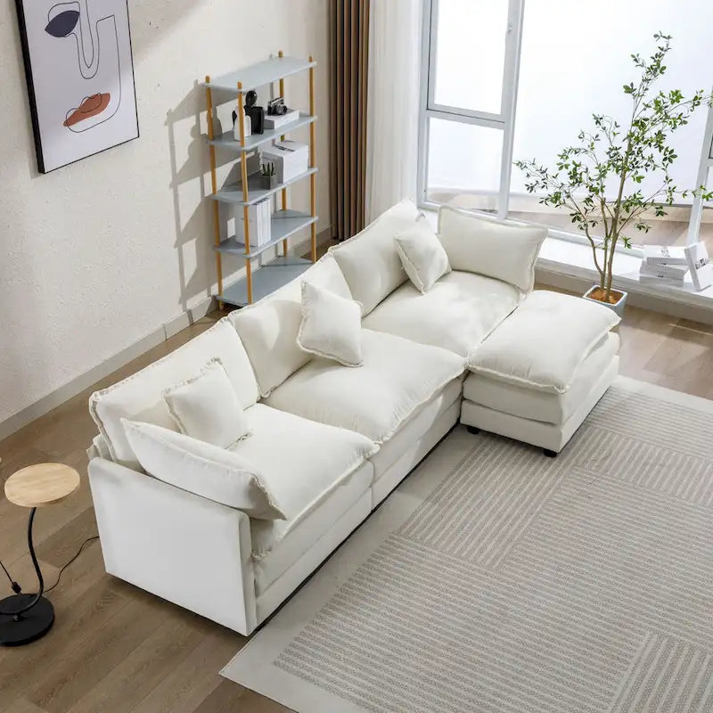 Roomfitters L-Shaped Chenille Upholstered Sofa with Ottoman and 5 Pillows, Modern Luxury Couch for Living Room