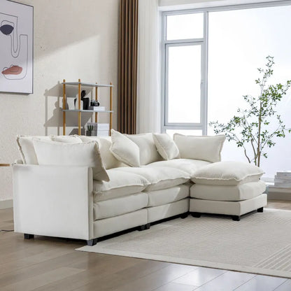 Roomfitters L-Shaped Chenille Upholstered Sofa with Ottoman and 5 Pillows, Modern Luxury Couch for Living Room