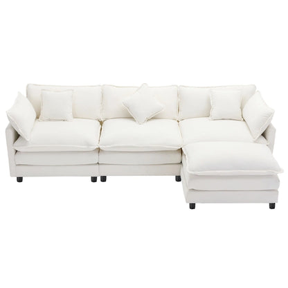 Roomfitters L-Shaped Chenille Upholstered Sofa with Ottoman and 5 Pillows, Modern Luxury Couch for Living Room