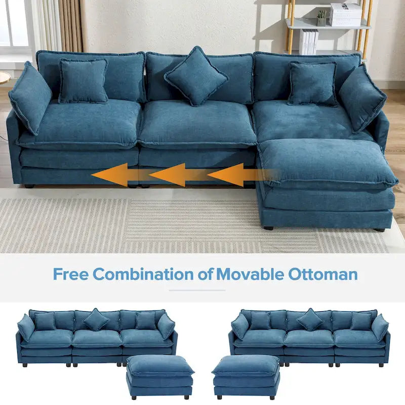 Roomfitters L-Shaped Chenille Upholstered Sofa with Ottoman and 5 Pillows, Modern Luxury Couch for Living Room