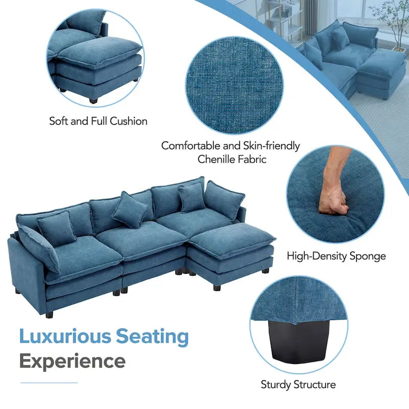 Roomfitters L-Shaped Chenille Upholstered Sofa with Ottoman and 5 Pillows, Modern Luxury Couch for Living Room