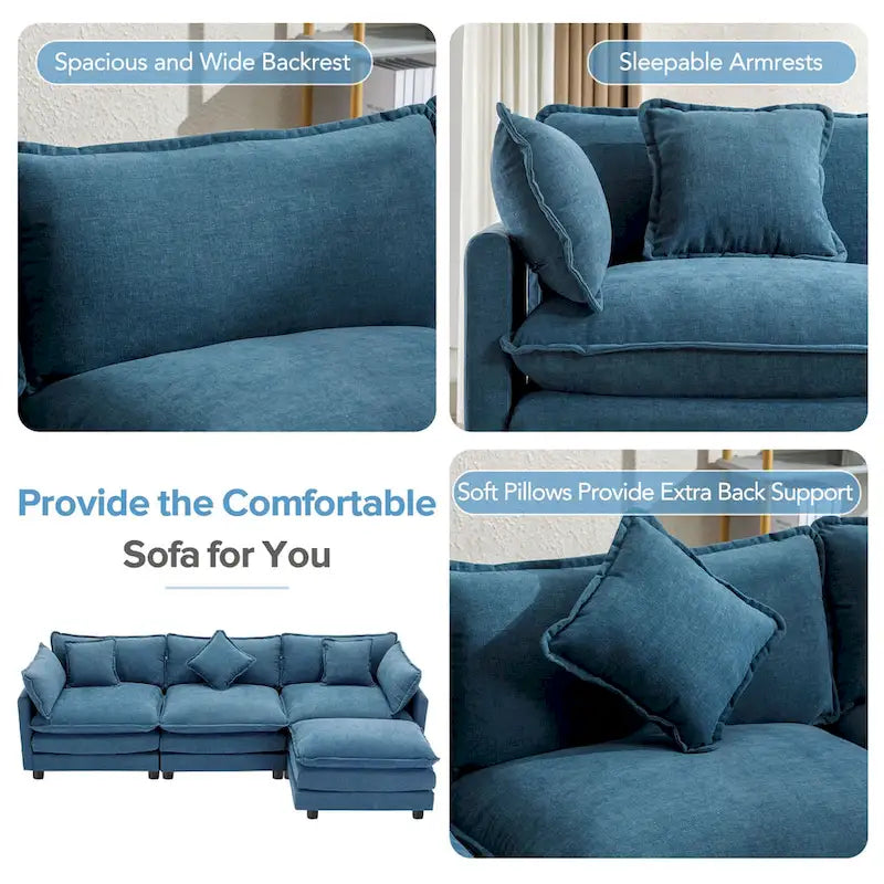 Roomfitters L-Shaped Chenille Upholstered Sofa with Ottoman and 5 Pillows, Modern Luxury Couch for Living Room