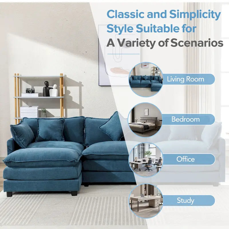 Roomfitters L-Shaped Chenille Upholstered Sofa with Ottoman and 5 Pillows, Modern Luxury Couch for Living Room