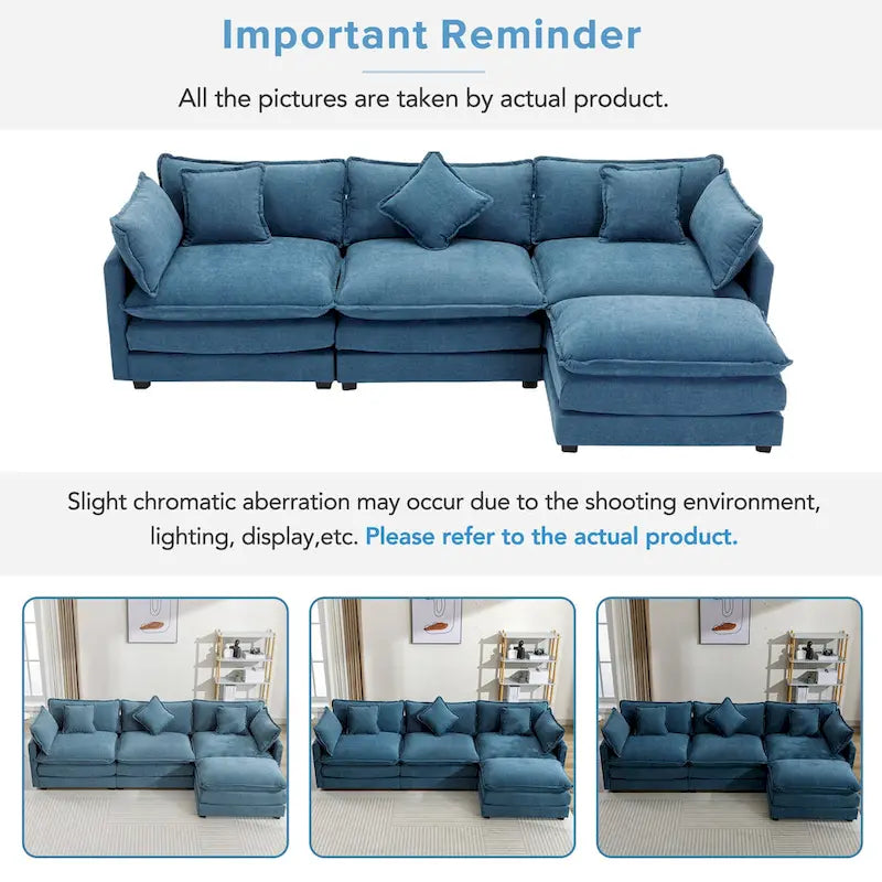 Roomfitters L-Shaped Chenille Upholstered Sofa with Ottoman and 5 Pillows, Modern Luxury Couch for Living Room