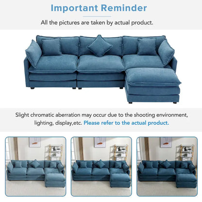 Roomfitters L-Shaped Chenille Upholstered Sofa with Ottoman and 5 Pillows, Modern Luxury Couch for Living Room