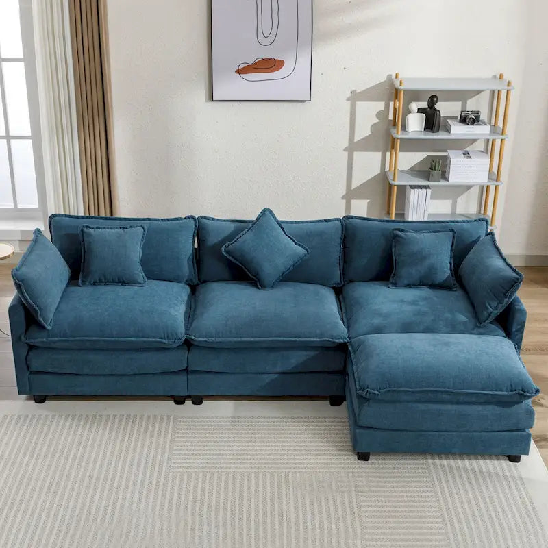 Roomfitters L-Shaped Chenille Upholstered Sofa with Ottoman and 5 Pillows, Modern Luxury Couch for Living Room