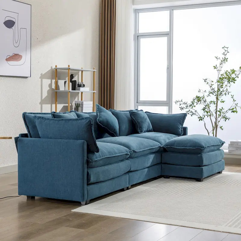 Roomfitters L-Shaped Chenille Upholstered Sofa with Ottoman and 5 Pillows, Modern Luxury Couch for Living Room