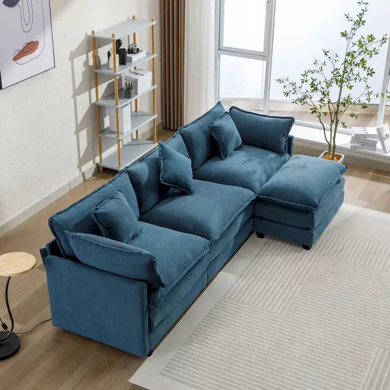 Roomfitters L-Shaped Chenille Upholstered Sofa with Ottoman and 5 Pillows, Modern Luxury Couch for Living Room