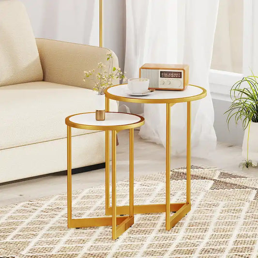 Gymax Round Nesting Side Table Set of 2 Stacking Coffee Tables w/ Faux