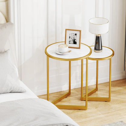 Gymax Round Nesting Side Table Set of 2 Stacking Coffee Tables w/ Faux