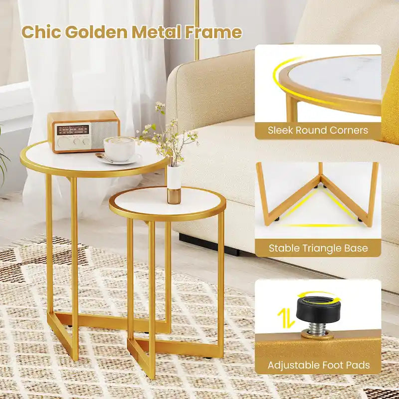 Gymax Round Nesting Side Table Set of 2 Stacking Coffee Tables w/ Faux