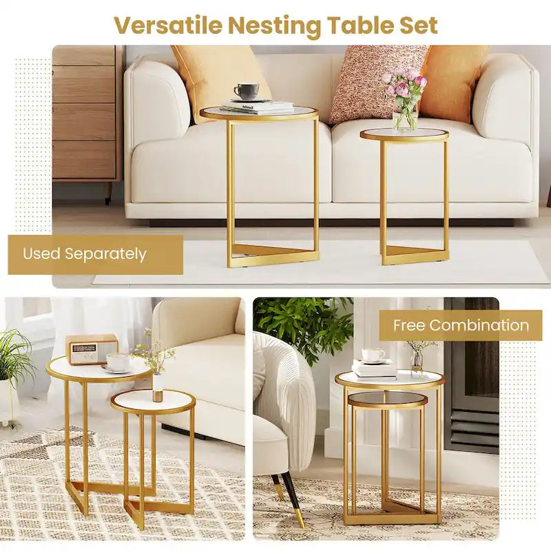 Gymax Round Nesting Side Table Set of 2 Stacking Coffee Tables w/ Faux