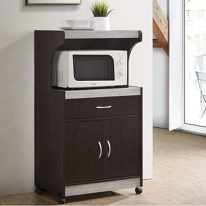 Hodedah Wheeled Microwave Cart w Drawer and Cabinet Storage, Brown/Gry - 60