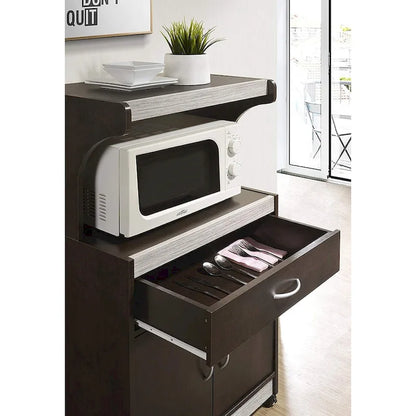 Hodedah Wheeled Microwave Cart w Drawer and Cabinet Storage, Brown/Gry - 60