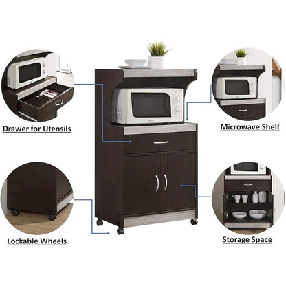 Hodedah Wheeled Microwave Cart w Drawer and Cabinet Storage, Brown/Gry - 60