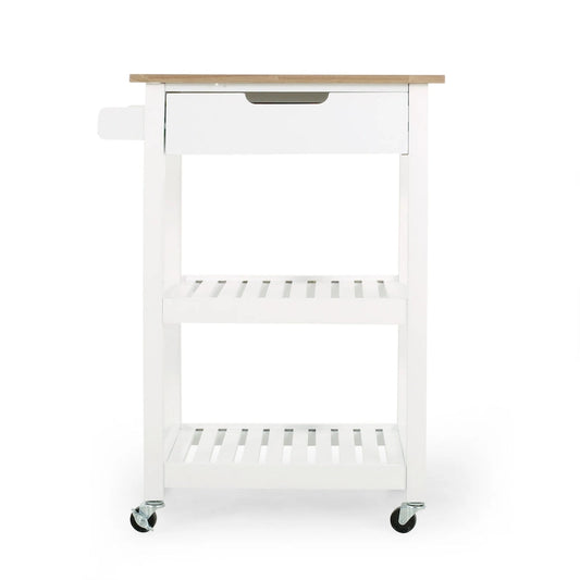 Contemporary Multifunctional Kitchen Cart with Rubberwood Top, Open Slat Shelving, Rolling Casters, Drawer and Towel Holder