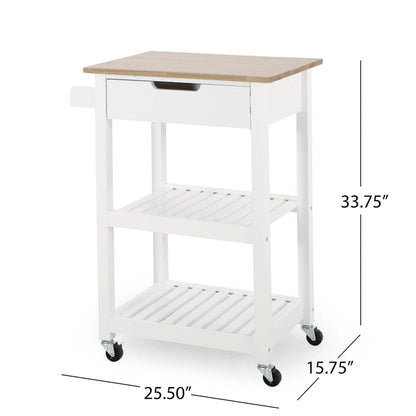 Contemporary Multifunctional Kitchen Cart with Rubberwood Top, Open Slat Shelving, Rolling Casters, Drawer and Towel Holder