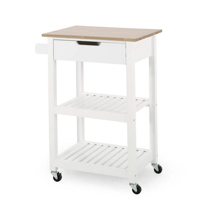 Contemporary Multifunctional Kitchen Cart with Rubberwood Top, Open Slat Shelving, Rolling Casters, Drawer and Towel Holder