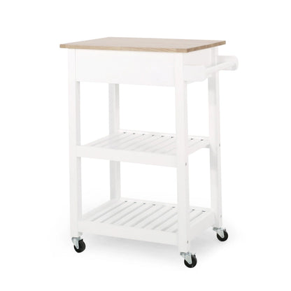 Contemporary Multifunctional Kitchen Cart with Rubberwood Top, Open Slat Shelving, Rolling Casters, Drawer and Towel Holder