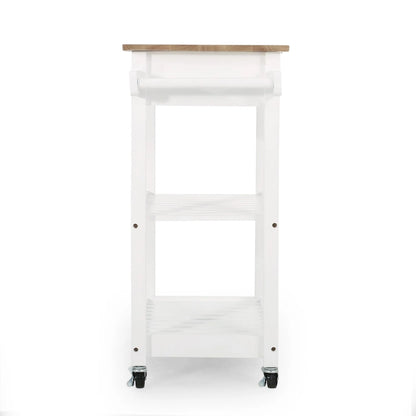 Contemporary Multifunctional Kitchen Cart with Rubberwood Top, Open Slat Shelving, Rolling Casters, Drawer and Towel Holder