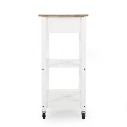 Contemporary Multifunctional Kitchen Cart with Rubberwood Top, Open Slat Shelving, Rolling Casters, Drawer and Towel Holder