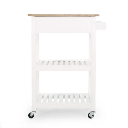 Contemporary Multifunctional Kitchen Cart with Rubberwood Top, Open Slat Shelving, Rolling Casters, Drawer and Towel Holder