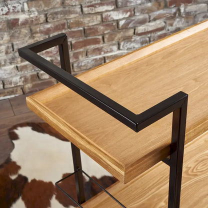 Rolling Bar Cart with Wood Look Shelving, Handle & Lockable Casters - Industrial Style Mobile Serving Cart with Wine Storage