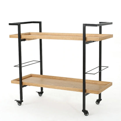 Rolling Bar Cart with Wood Look Shelving, Handle & Lockable Casters - Industrial Style Mobile Serving Cart with Wine Storage