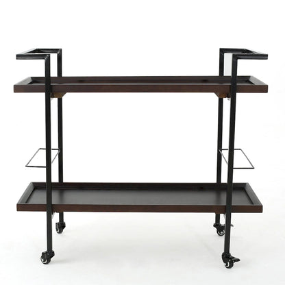 Rolling Bar Cart with Wood Look Shelving, Handle & Lockable Casters - Industrial Style Mobile Serving Cart with Wine Storage