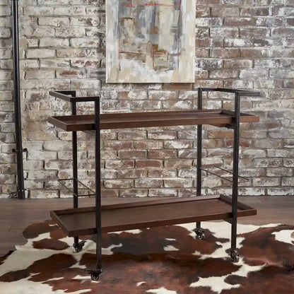 Rolling Bar Cart with Wood Look Shelving, Handle & Lockable Casters - Industrial Style Mobile Serving Cart with Wine Storage