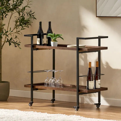 Rolling Bar Cart with Wood Look Shelving, Handle & Lockable Casters - Industrial Style Mobile Serving Cart with Wine Storage