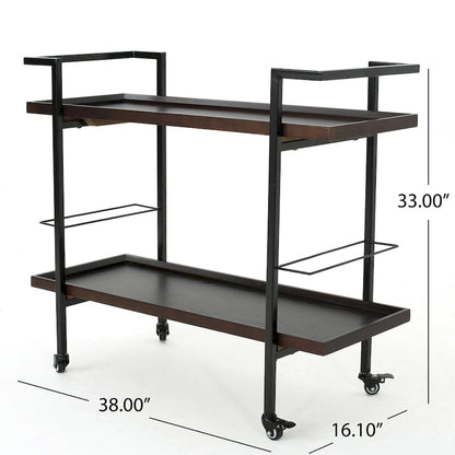 Rolling Bar Cart with Wood Look Shelving, Handle & Lockable Casters - Industrial Style Mobile Serving Cart with Wine Storage