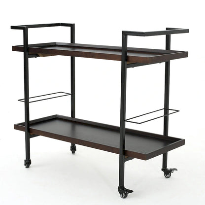 Rolling Bar Cart with Wood Look Shelving, Handle & Lockable Casters - Industrial Style Mobile Serving Cart with Wine Storage